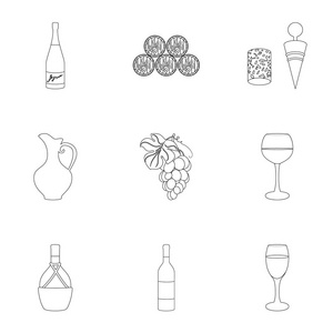 酒类产品。种植葡萄，葡萄酒。关于大纲样式矢量符号股票插画集集合葡萄生产图标