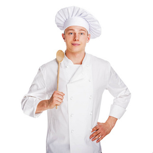 厨师用勺子在白色的背景分离
