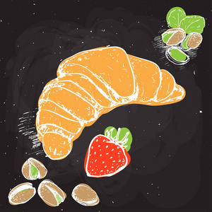 羊角面包手画矢量图和阿月浑子，草莓。Croissand 黑色粉笔板上