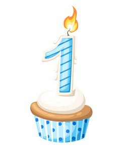 快乐 1 的第一个生日男孩卡与蛋糕和蜡烛在平面设计风格，矢量图