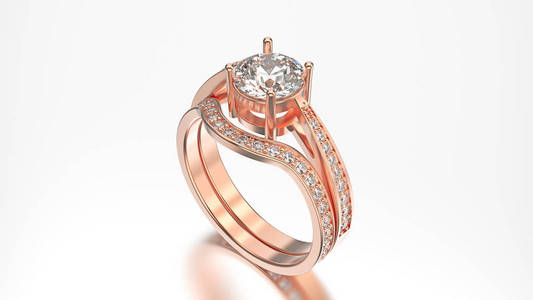 3d 插图玫瑰金匹配带设置与钻石戒指