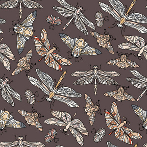 无缝矢量手绘制的模式与幻想蝴蝶 蜻蜓 甲虫 bug 和蛾
