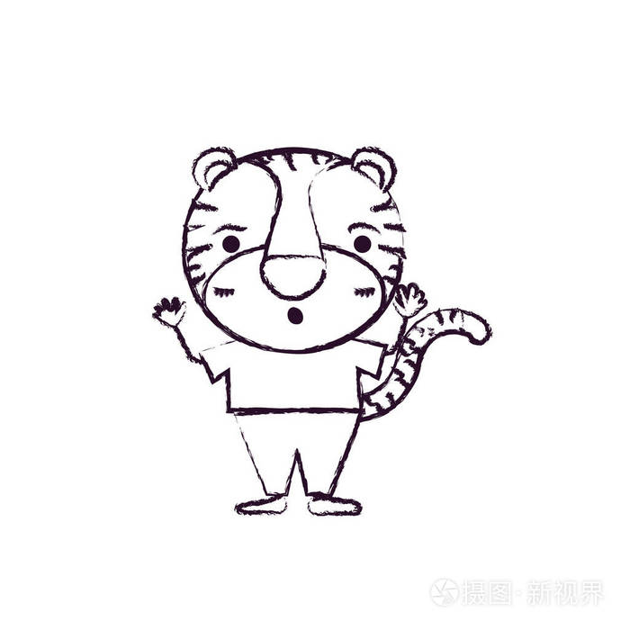 模糊的轮廓漫画的可爱老虎惊讶在衣服中的表达