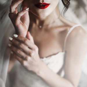 新娘握着她的手之前温柔的红唇