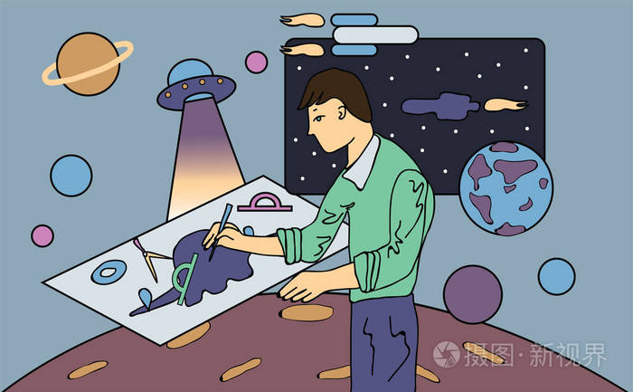科学家 天文学家或工程师绘制绘图.对空间探索的主题概念.矢量图