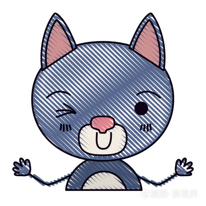 彩色蜡笔剪影漫画半身的可爱小猫咪眨眼睛表达