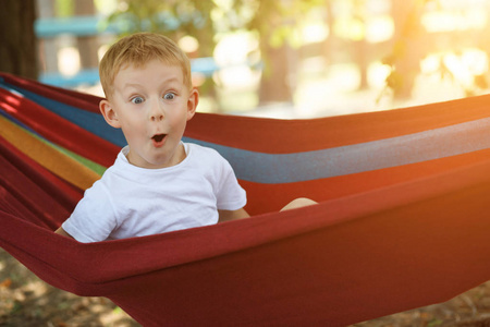 性格开朗的小男孩，在吊床上吃惊地看着一片松树林，高兴的情绪