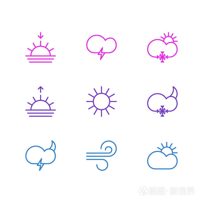 矢量图的 9 大气图标.可编辑包雪花 微风 日出和其他元素