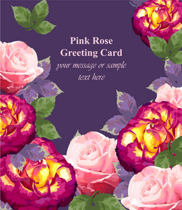 粉红玫瑰卡矢量。微妙的夏季卡。紫色的春天新鲜天然成分