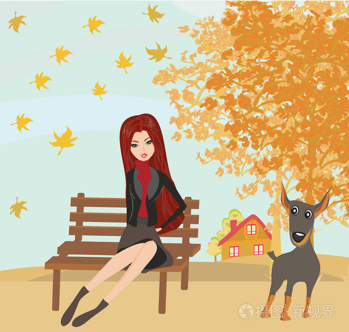 在秋日里的长椅上坐着的女孩