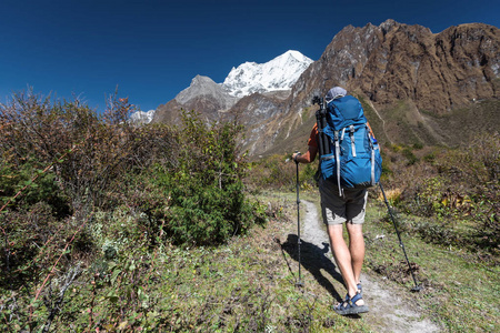 徒步旅行者在喜马拉雅山马纳斯卢峰电路上的高地