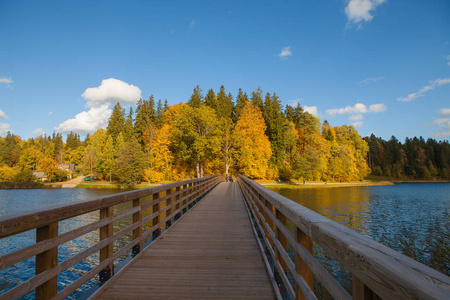 秋季森林背后的湖。木制虽然桥湖。秋天的时刻