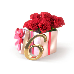 生日概念与红色玫瑰在白色背景上孤立的礼物。第六次。6.3d 渲染