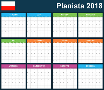 波兰计划 2018 空白。调度程序 议程或日记模板。周从星期一开始