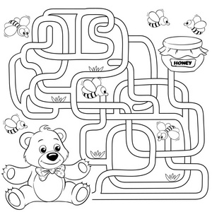帮助找到通往蜂蜜的熊。迷宫。迷宫游戏的孩子们。黑色和白色矢量图的着色书
