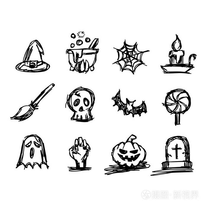 万圣节图标集的矢量插画素描手绘与孤立的白色背景上的黑色线条