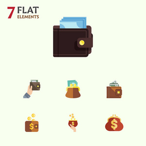 平面图标钱包集的皮夹 钱包 邮袋和其他矢量对象。此外包括钱包 货币 钱元素