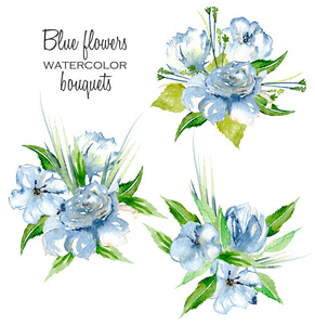 一整套水彩蓝色花朵和绿色叶花束图