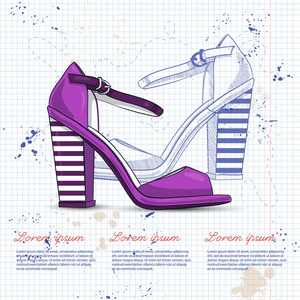 矢量素描和颜色妇女两个颜色的高跟鞋凉鞋在笔记本页面上