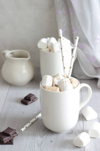 白杯热巧克力饮料与棉花糖和肉桂。冬季时间。假日概念。选择性焦点