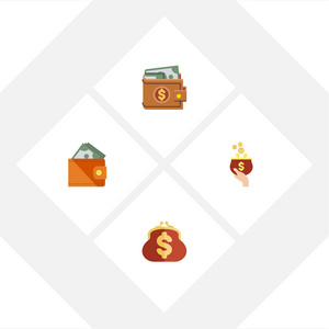 平面图标钱包套的钱，储蓄 货币和其他矢量对象。也包括储蓄，皮夹，钱包元素