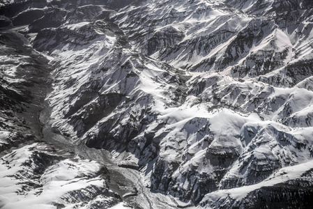 冬季景观高角度看雪山从飞机 Leh 拉达克印度