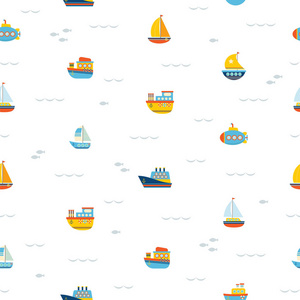 与航海设计元素的无缝模式。海洋概念背景。可爱的儿童背景用船