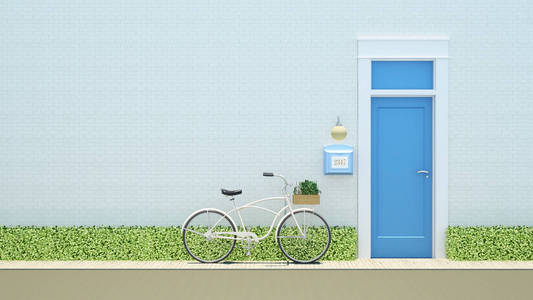 自行车和蓝色的门上白砖背景 3d Rendering.jpg