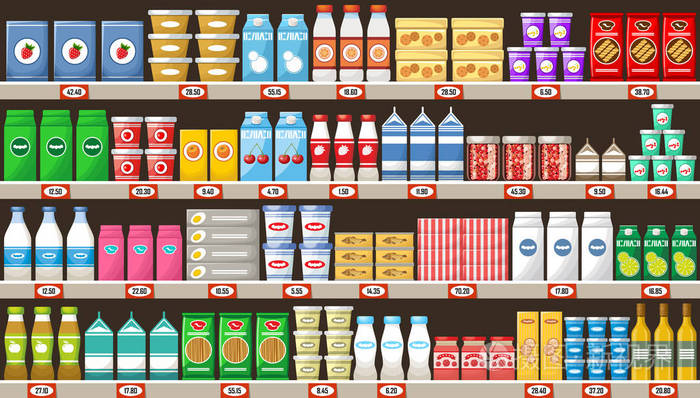 超市,货架上摆满产品和饮料插画-正版商用图片0ueyvd-摄图新视界