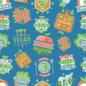 有机素食健康矢量食品生态餐厅徽标标签与素食天然食物饮食无缝模式背景