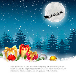 圣诞夜背景与礼物箱子和小在雪。矢量插图
