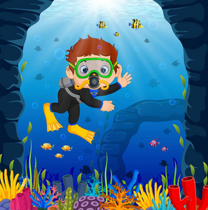 在海中潜水的卡通男孩
