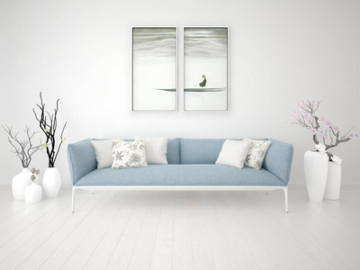 用美好的沙发和时髦的花瓶来模拟起居室
