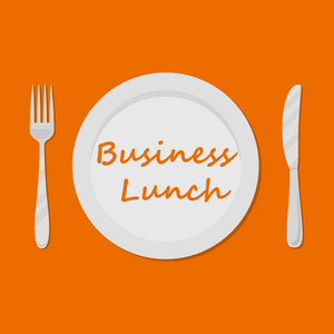商务午餐的概念。盘子上刻着 商务午餐 的橙色背景。画中还有一把叉子和一把小刀。矢量插图