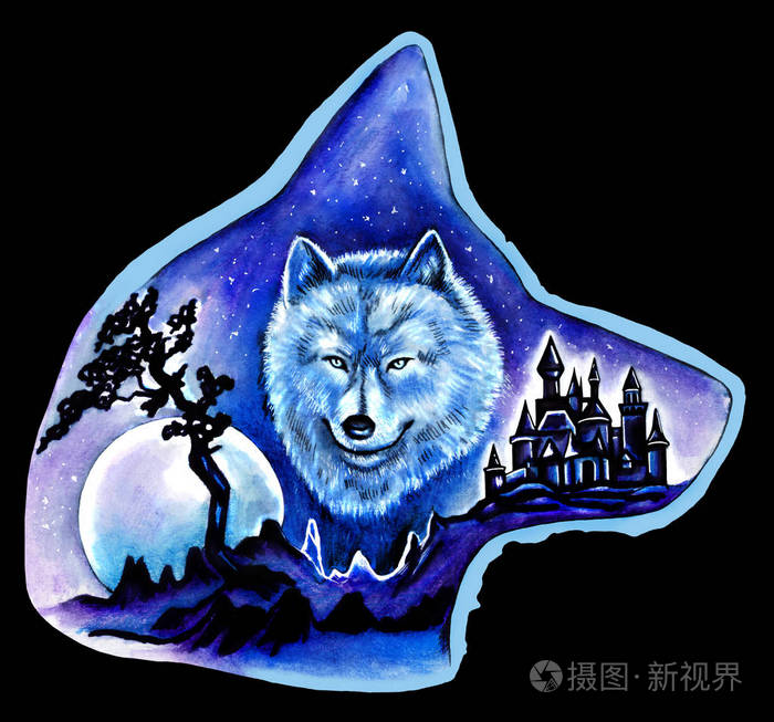 在狼的头剪影的例证: 狼的画像, 城堡,弯曲的树和蓝色月亮的概要