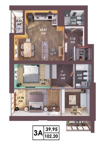 3d. 现代三卧室公寓的渲染计划布局, 顶级视图