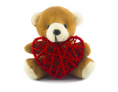 可爱的泰迪熊和红色的心脏隔离白色背景与修剪路径