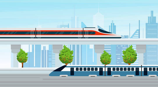 现代列车的矢量图解贯穿城市建筑城。公共交通, 城市背景, 平面风格