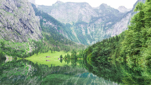 伟大的夏日全景欧伯湖湖。绿色早晨场面 o