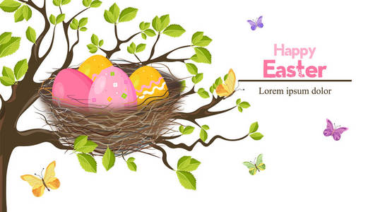 复活节假期贺卡与鸡蛋巢向量。春季主题