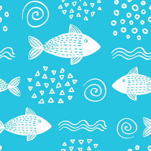 无缝手绘简单模式在斯堪的纳维亚设计风格的蓝色背景与鱼, 波浪和贝壳。矢量插图