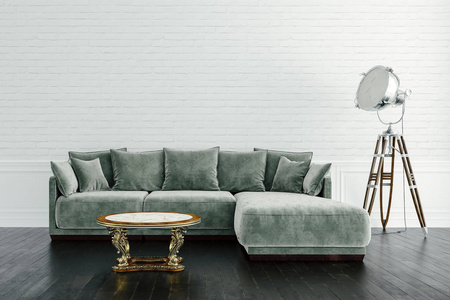 3d. 用沙发和木地板装饰美观的室内安装