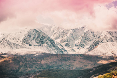 积雪的山峰在粉红色的天空下。柔和的颜色的山风景