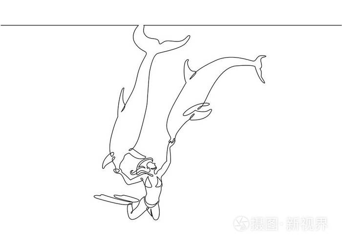 连续单抽一排潜水潜水员和照相机和海豚在水下