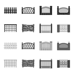 一块金属和砖块的栅栏, 木栅栏。一个不同的围栏集合图标黑色, 单色风格矢量符号股票插画网站