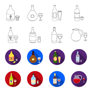 白酒, 红酒, 杜松子酒, 桑格里亚。酒精集合图标的轮廓, 平面风格矢量符号股票插画网站