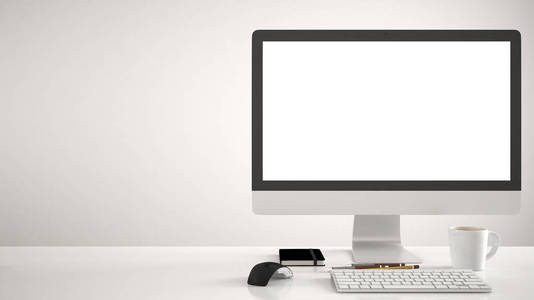 桌面样机, 模板, 办公桌上的电脑与空白屏幕, 键盘鼠标和记事本与钢笔和铅笔, 白色背景