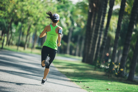 运动的年轻健身妇女在热带公园奔跑