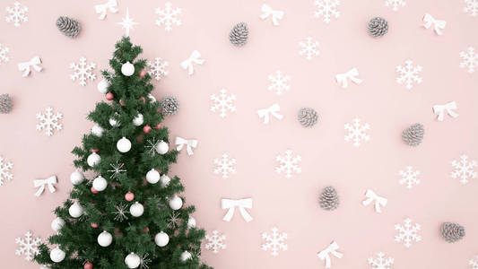 浅粉色背景下的松树雪花和丝带圣诞树圣诞节或新年快乐的艺术品3d 插图