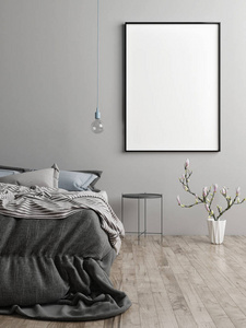 模拟海报在卧室, 斯堪的纳维亚设计, 甜美的梦想, 3d 渲染, 3d 插图